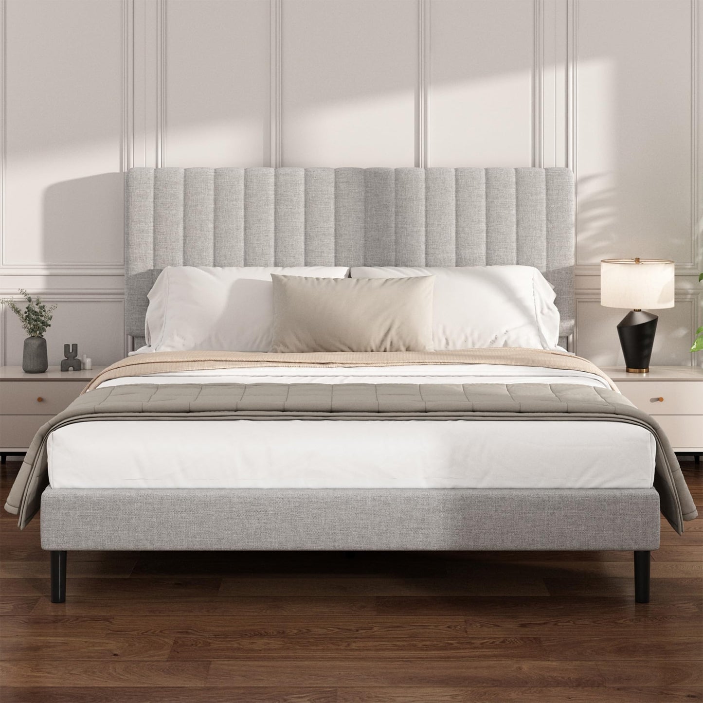 Mxhtcewz King Size Platform Bed Frame with Vertical Channel Tufted Headboard, No Box Spring Needed, Noise-Free, Easy Assembly, Light Grey Linen