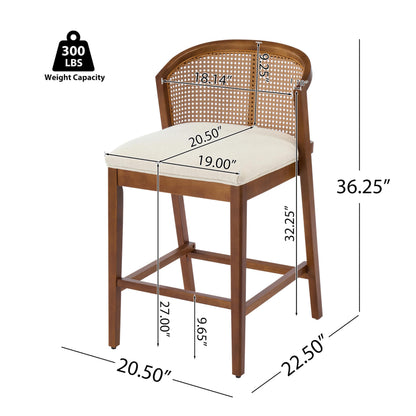 Christopher Knight Home JENA Rattan Counter Stools Set of 2, Counter Height Bar Stools for Bar Table, Rubberwood Frame with Upholstered Barstools, Wood Accent Chair with Footrest, Beige + Walnut