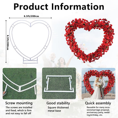 Heart Flower Arch Wedding Arch with Flowers, Romantic Heart Shaped Metal Archway for Indoor Outdoor Ceremony, Proposal, Party & Event Decoration (red)