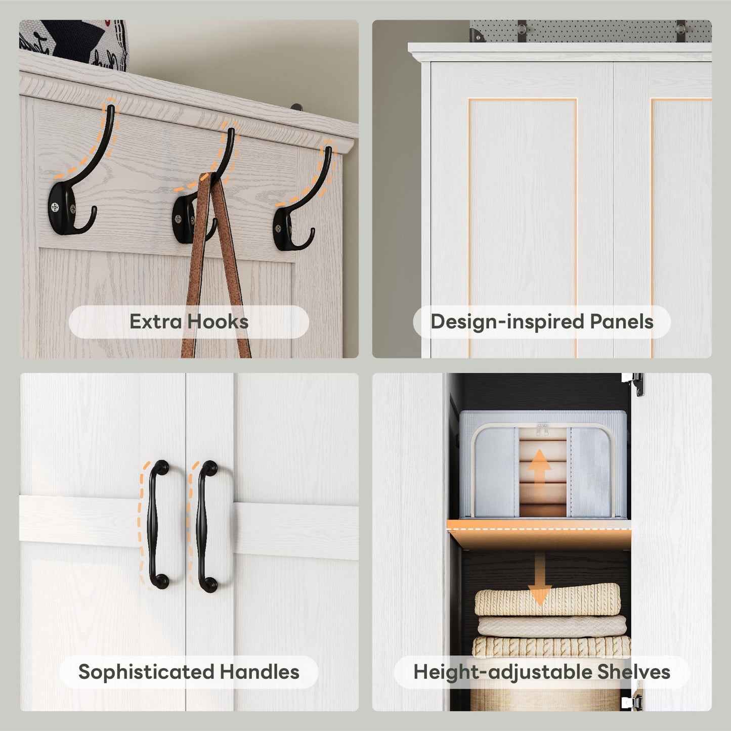 LIKIMIO 3 Doors Armoire Wardrobe Closet with Mirror, 2 Shoe Racks, 70" H Wooden Bedroom Armoires with 2 Drawers and Adjustable Shelves, Freestanding Closet Storage Cabinet with Hanging Rail, White