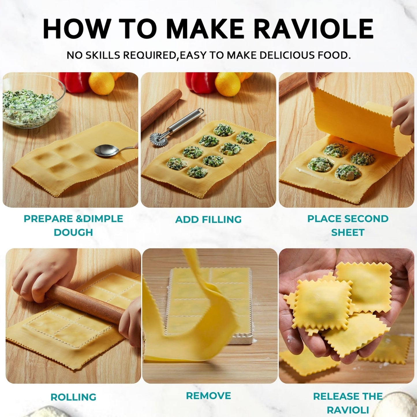MUMSUNG Ravioli Maker Press, Ravioli Press Mold Set - Round, Heart, Square Ravioli Stamp Maker Cutter with Wood Rolling Pin, 2.6" Empanada Maker Press Kit and Ravioli Wheel 3 PCS