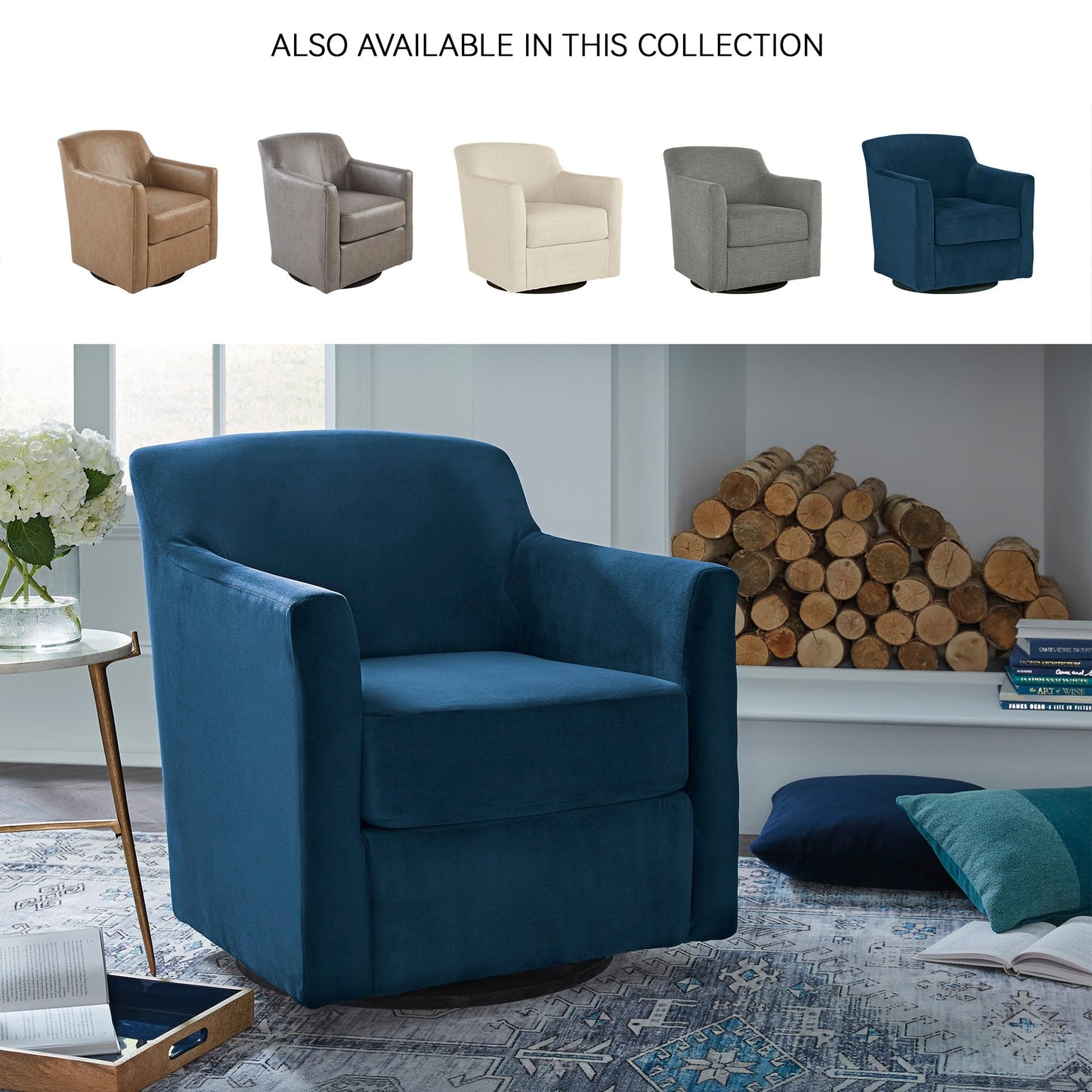 Signature Design by Ashley Bradney Swivel Chair with Blue Velvet Upholstery, Contemporary Shelter‑Arm Seating with Reversible Cushion and Wood Base for Living Room or Bedroom