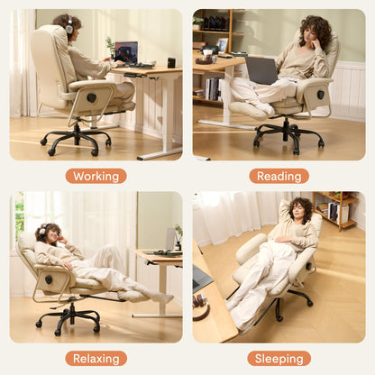 FLEXISPOT Ergonomic Office Chair with Footrest High Back Computer Desk Chairs Indoor Lounge Chair with Wheels 90-165° Reclining Lumbar Support, Chairs for Working Relaxing Cross Legged, Leather, White