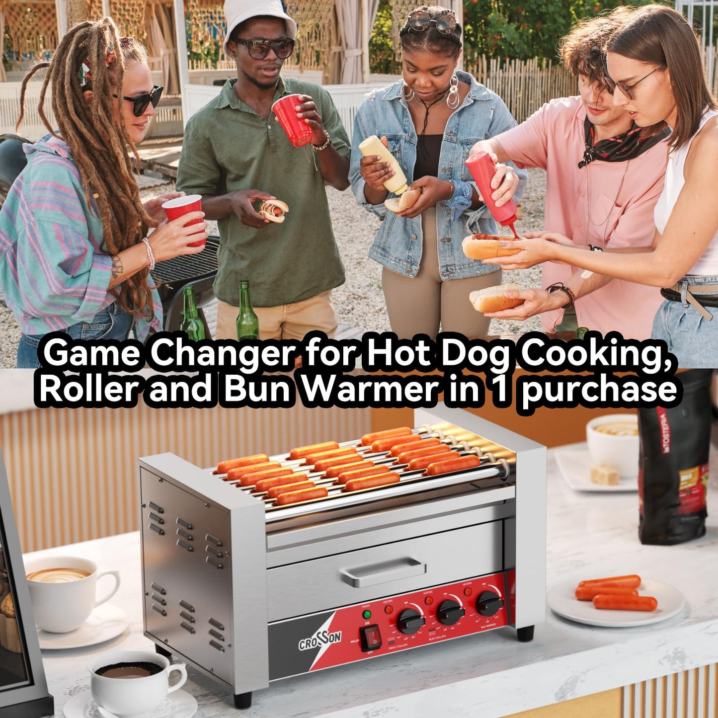 CROSSON Hot Dog 7 Roller with Bun Warmer,Commercial 7 Nonstick 304 Roller Grill Cooker Machine-120V, 1350W