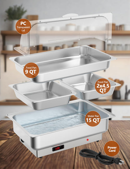 Garvee Electric Chafing Dish Buffet Set, 9 qt Roll Top Food Warmer With Transparent PC Lid, with 1 Full-Size Pan & 2 Half-Size Stainless Steel Chafer for Catering Parties(2 Packs)
