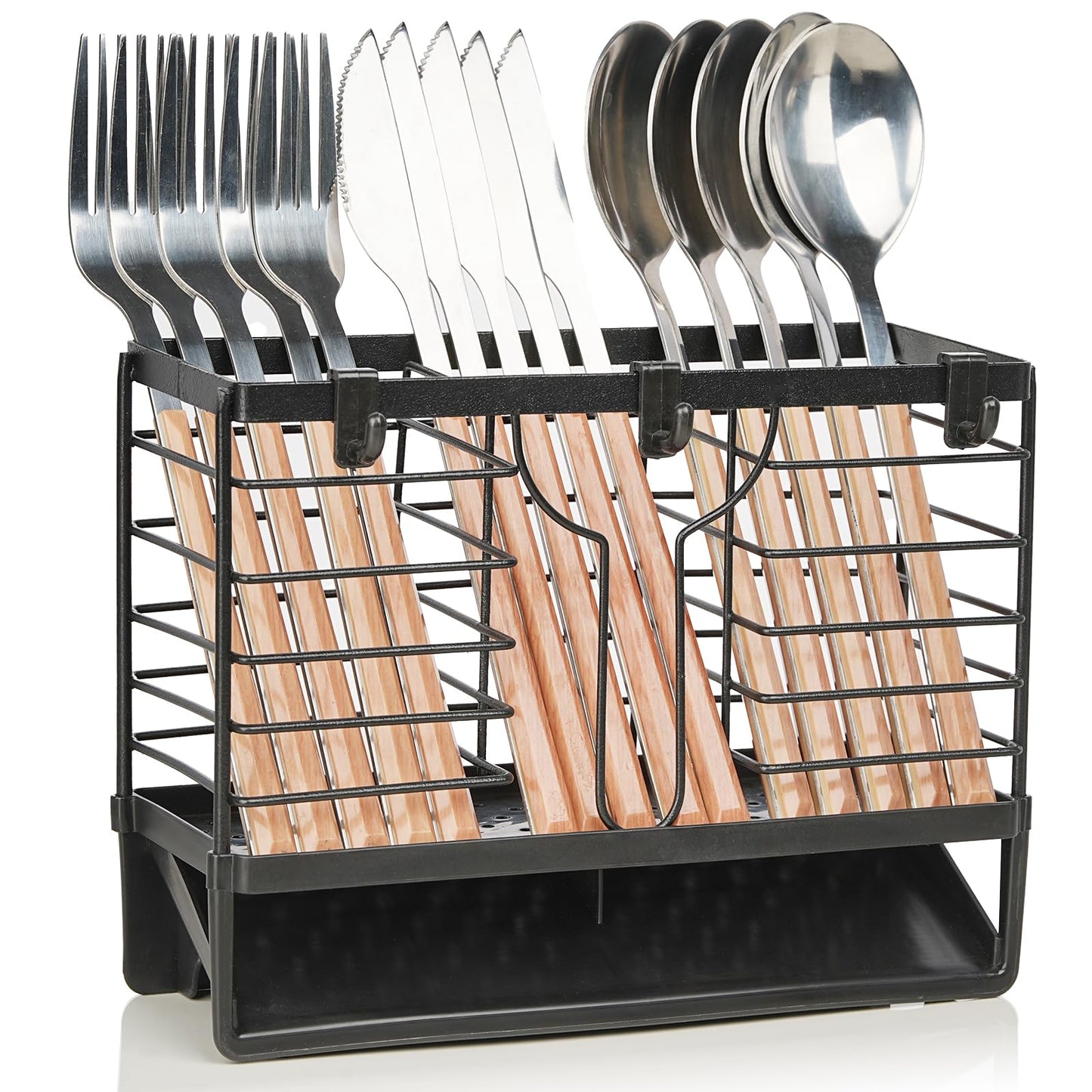 Utensil Holder, Stainless Steel Utensil Drying Rack with 3 Compartments and Automatic Drain Tray for Kitchen Counter, Silverware Cutlery Flatware Holder Forks, Knives, Spoons, Chopsticks Organizer
