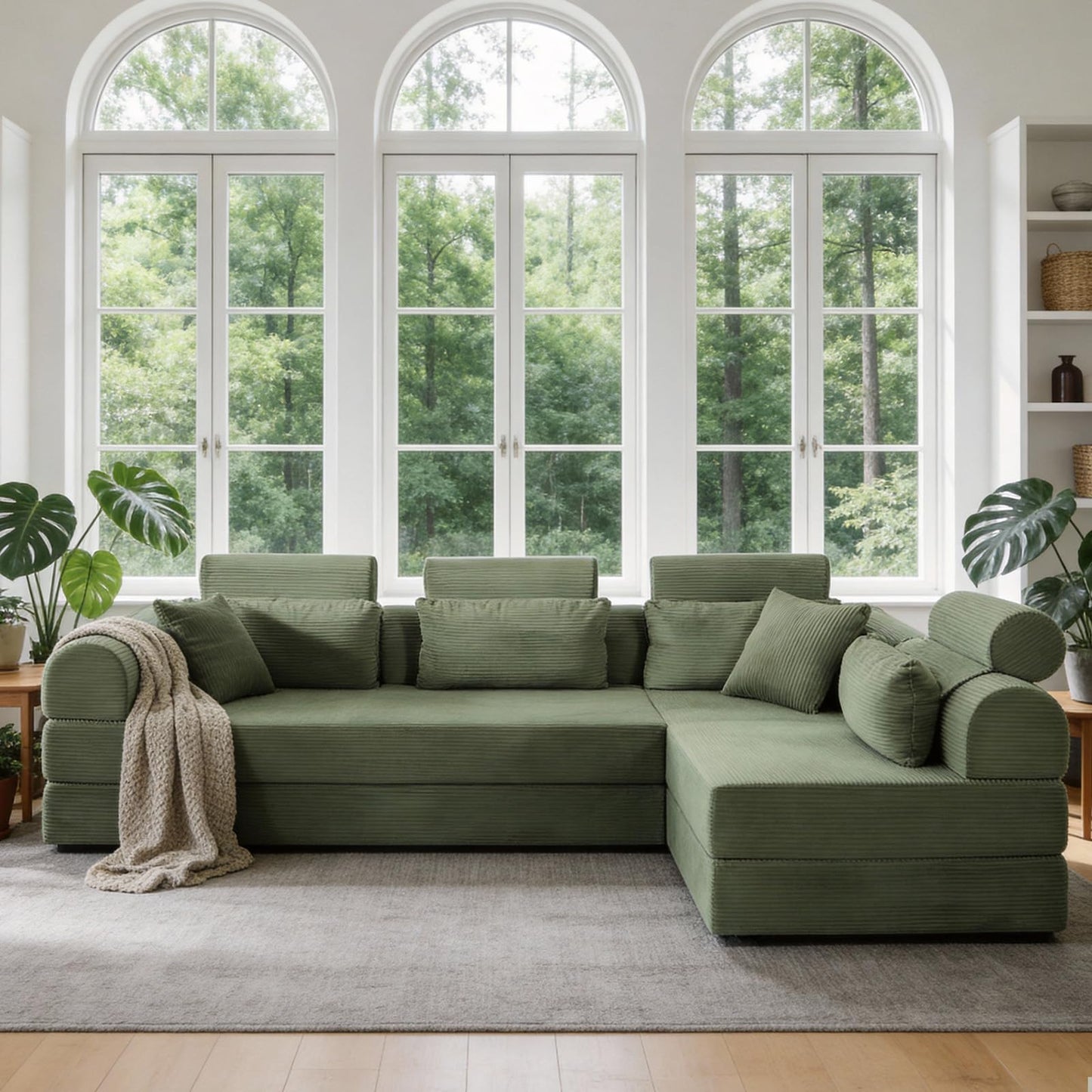 KEIKI 6-in-1 Folding Convertible High Back Sofa Sleeper, 106" Oversized Modular Sectional Corduroy Upholstered L Shape Couches for Living Room, Deep Cushion for Open Concept Living, Grayish Green