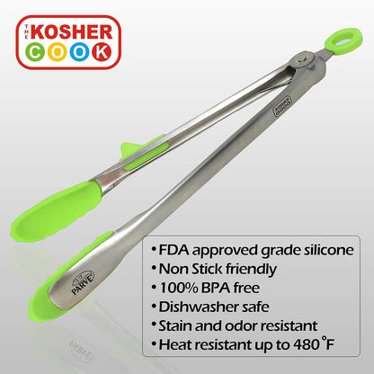 Parve Green Locking Kitchen Tongs, 12” Heavy Duty Multipurpose Tool, Stainless Steel with Non-Stick Tips