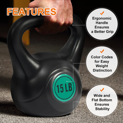 Fitvids Wide Grip 3-Piece Kettlebell Exercise Fitness Weight Set, Include 5 lbs, 10 lbs, 15 lbs and 20 lbs, Set of 3 or Set of 4