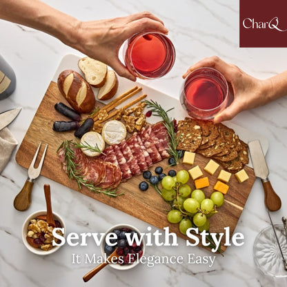 CharQ Charcuterie Board Set - Marble & Acacia Wood Cheese Board and Serving Board Platter, Charcuterie Boards Gift Set for Hosting, Wedding and Housewarming, Bridal Shower Marble Serving Tray