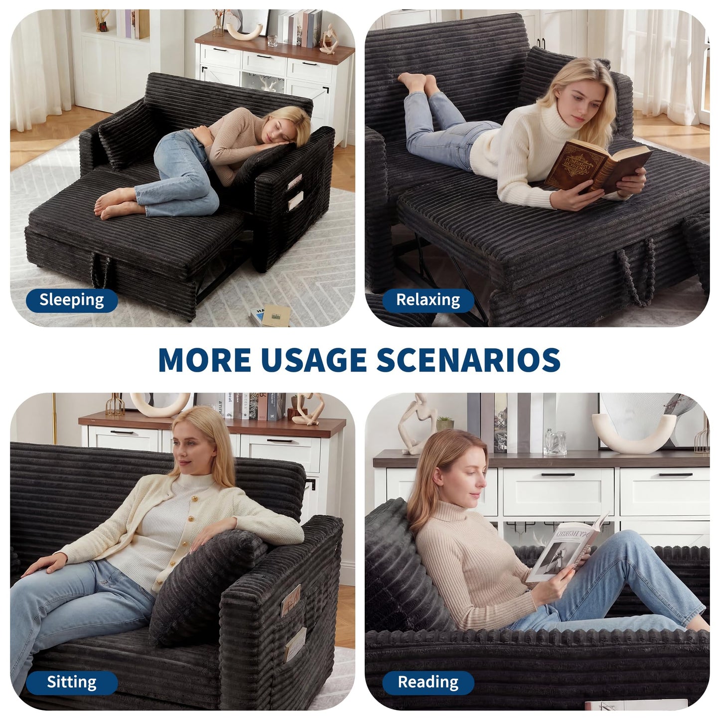 GarveeTech Loveseat Sleeper Sofa Bed, 55'' Pull Out Bed with Adjustable Backrest, Charging Station and Side Pockets, Corduroy Couches for Living Room, Bedroom and Apartment, Dark Grey