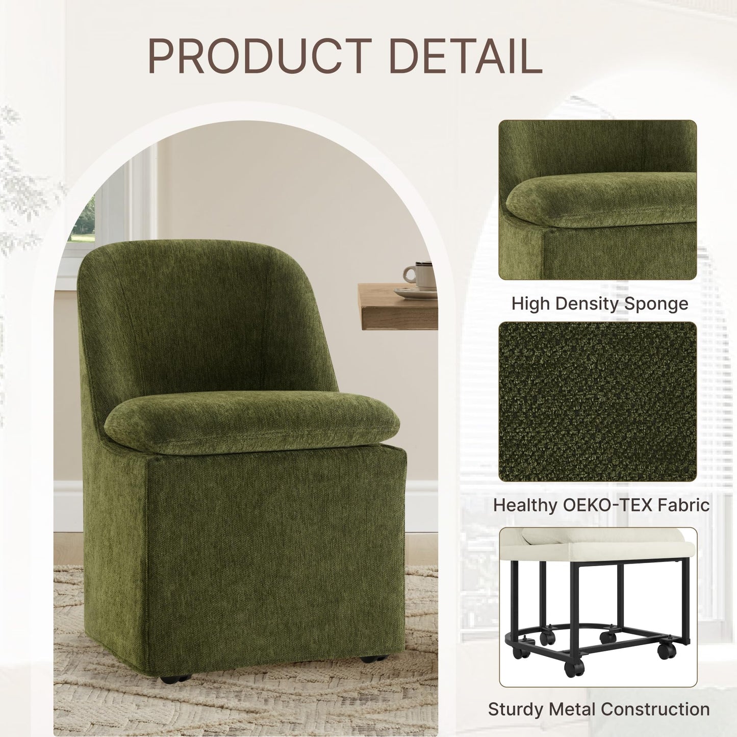 KISLOT Upholstered Dining Chairs Set of 2 with Hidden Casters, Modern Kitchen Chairs with Removable Washable Cover, Padded Dining Room Chairs with Chenille Velvet Fabric & Metal Frame, Green