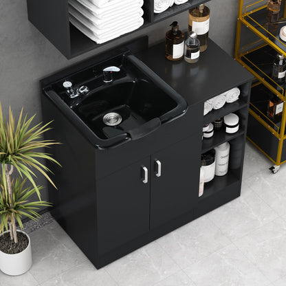 Salon Station,Shampoo Backwash Station for Salons with Shampoo Bowl & Storage Layer,Salon Equipment for Spa Beauty, Black Color