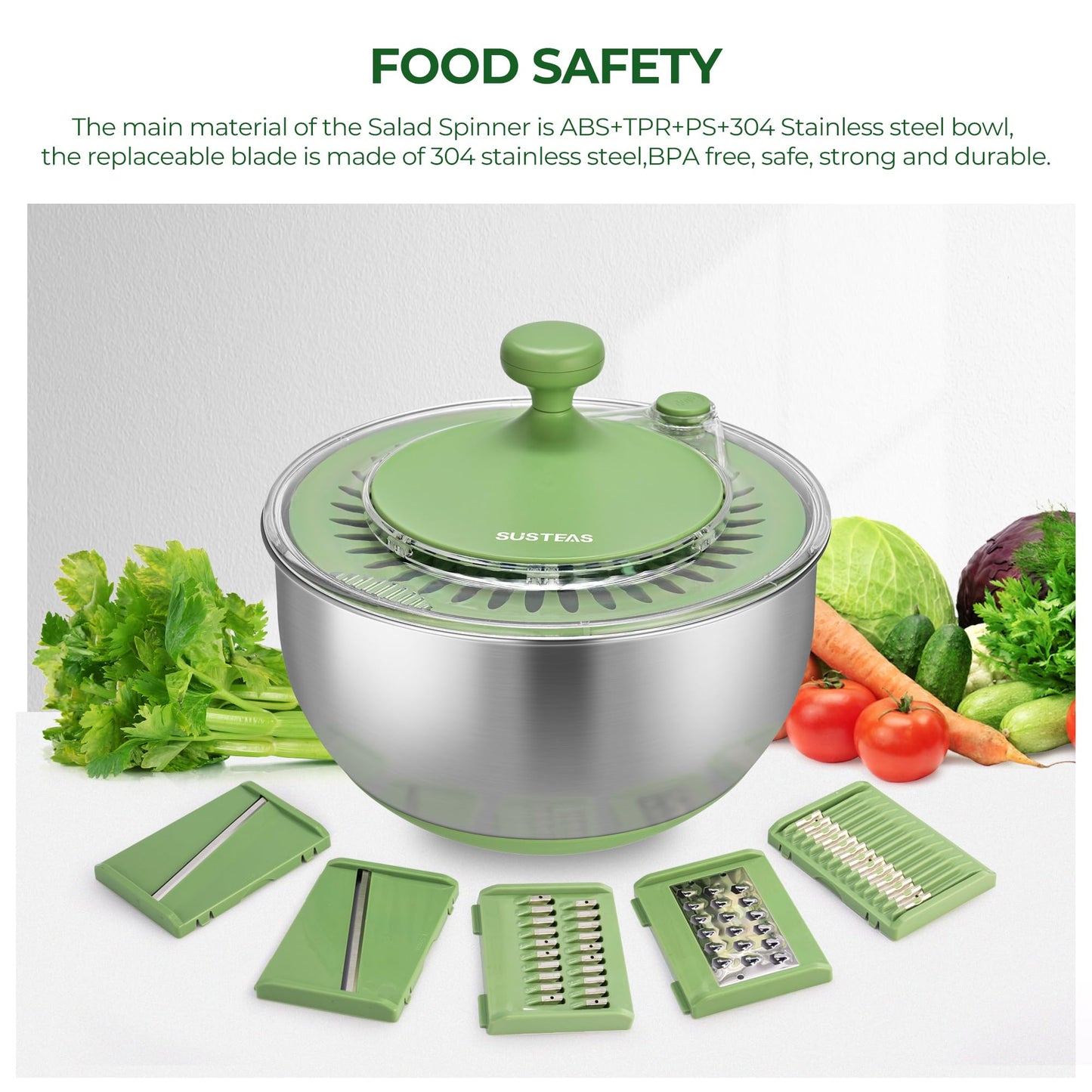 SUSTEAS Stainless Steel Salad Spinner Large, Vegetables Wash Bowl, Fruits & Herb Lettuce Dryer with 5 Blade Slicer Egg Yolk Strainer Shredder for Efficient Salad Preparation and Food Washing, 4.25Qt