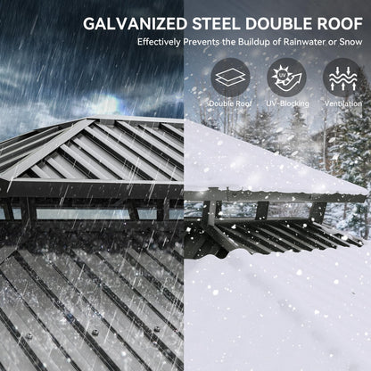 YITAHOME 12x20ft Hardtop Gazebo with Nettings and Curtains, Heavy Duty Double Roof Galvanized Steel Outdoor Combined of Vertical Stripes Roof for Patio, Backyard, Deck, Lawns, Gray