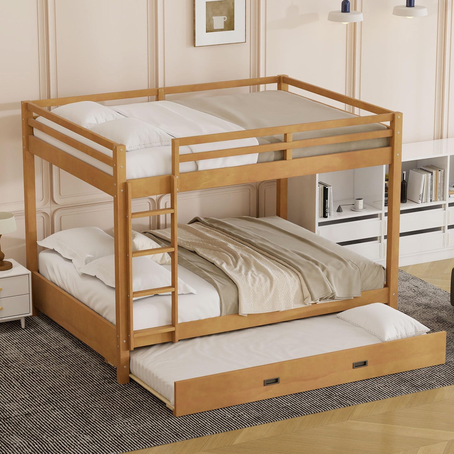 Merax Modern Queen Over Queen Size Wood Bunk Bed with Ladder and Twin XL Trundle, No Box Spring Required, Space-Saving, Wood Color