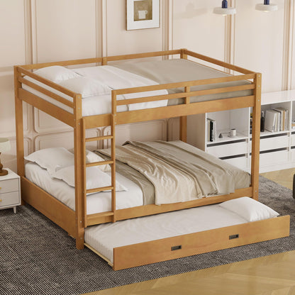 Merax Modern Queen Over Queen Size Wood Bunk Bed with Ladder and Twin XL Trundle, No Box Spring Required, Space-Saving, Wood Color