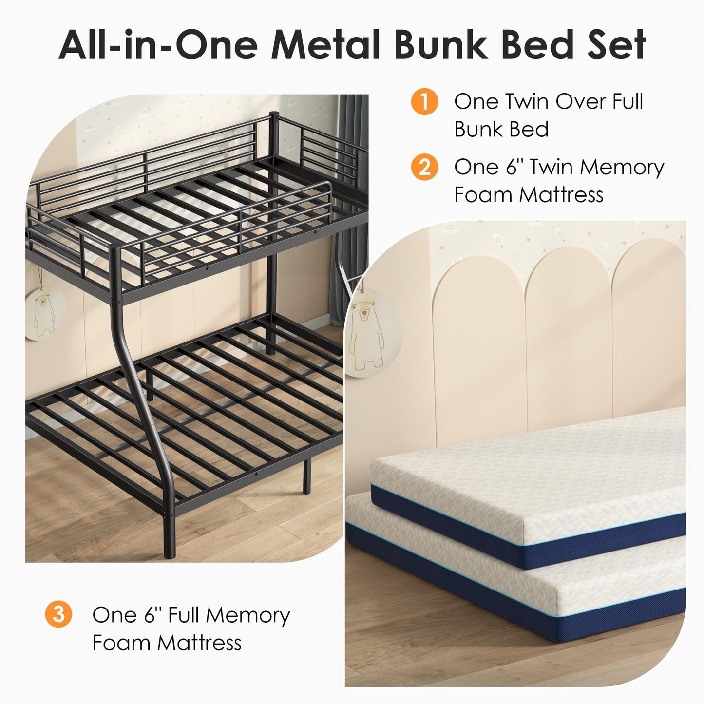 soges Twin Over Full Metal Bunk Bed Set with 6" Mattresses Included, All-in-One Bunk Bed for Adults, Heavy Duty Bunk Beds with Ladder & Guardrail, with Two Memory Foam Mattresses, Black