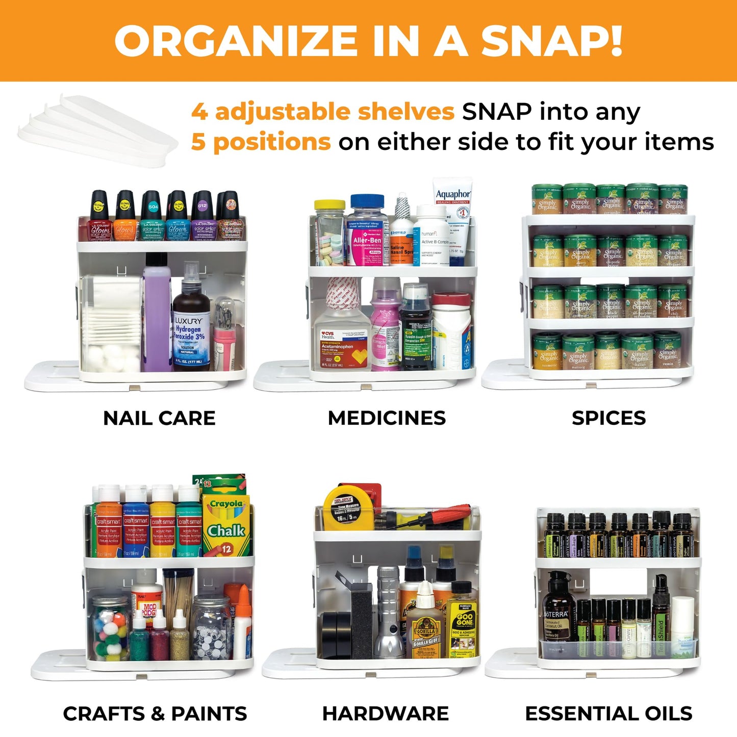 Cabinet Caddy SNAP! Spice Rack Organizer for Cabinet - Slide & Rotate Seasoning Organizer - 4 Snap-In Adjustable Shelves for 5 Tier of Storage - Magnetic Modular Design - 8.9”H x 6.1”W x 10.8”D