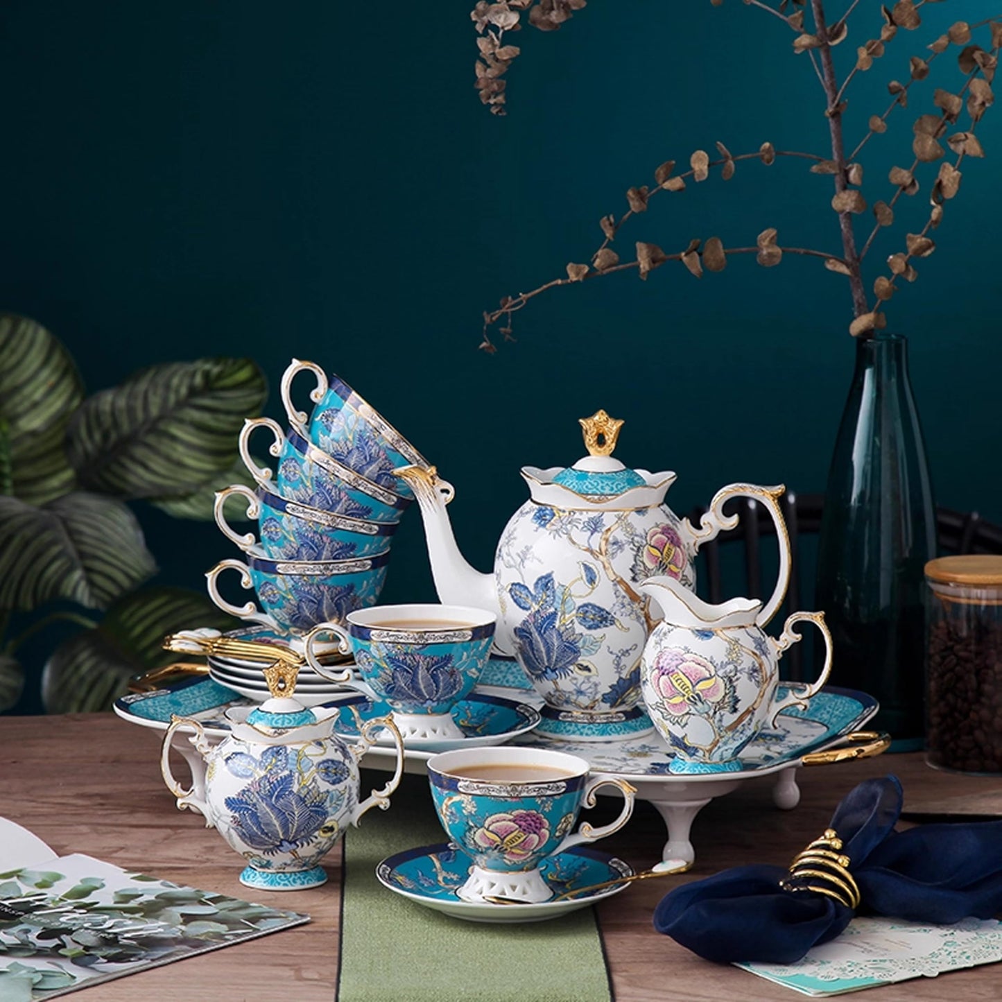 Floral Bone China Tea Set, Exquisite Porcelain Tea Cup and Saucer Set with Teapot, Creamer, Sugar Bowl for 6, Luxury Gold-Accented Afternoon Tea Sets for Adults