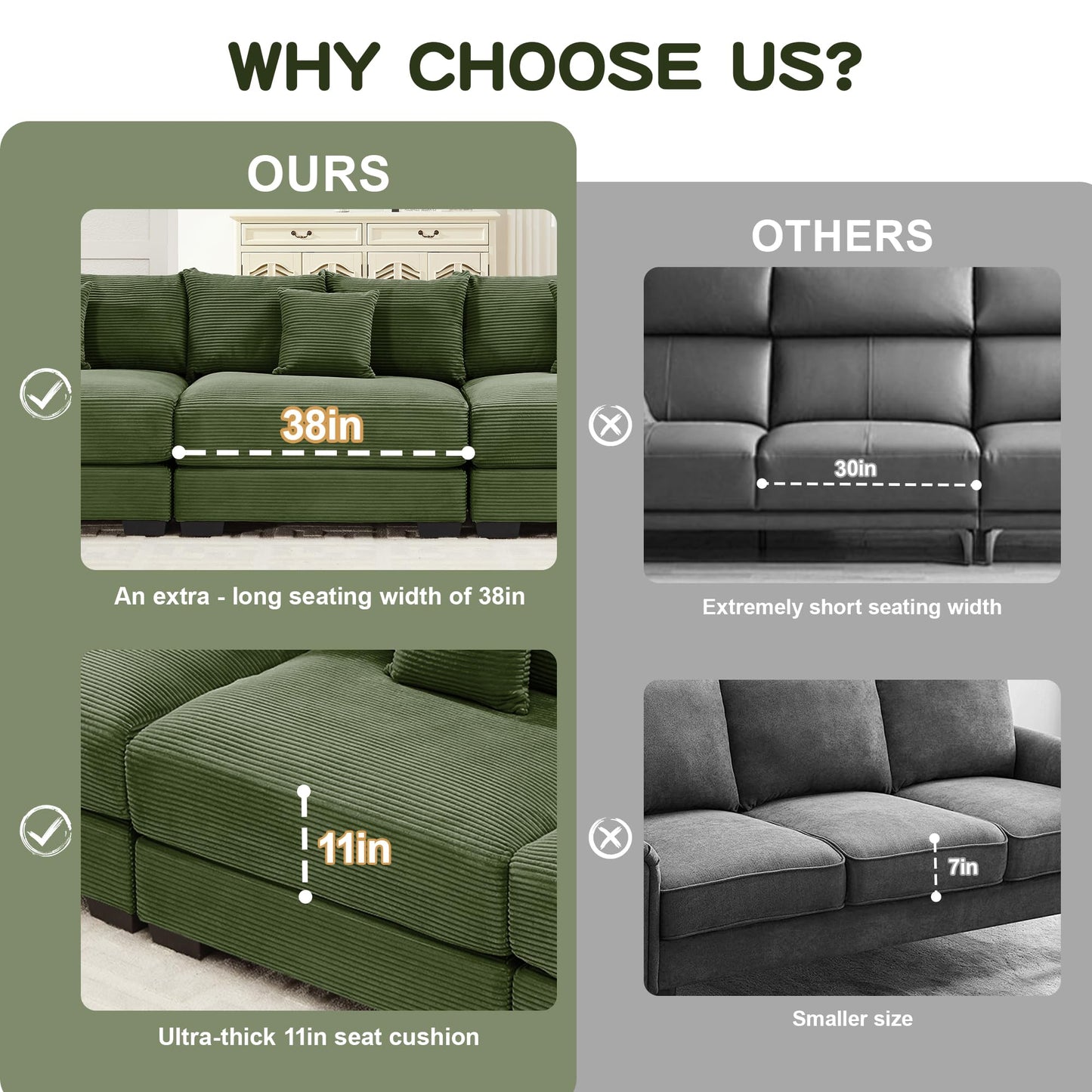 KEIKI 54" Oversized Corduroy Modular Sectional Single Sofa with High-Density Foam Cushions, Extra-Thick Armrests, Upholstered Modern 1-Seater Lounge Accent Chair with 3 Pillow, for Living Room, Green