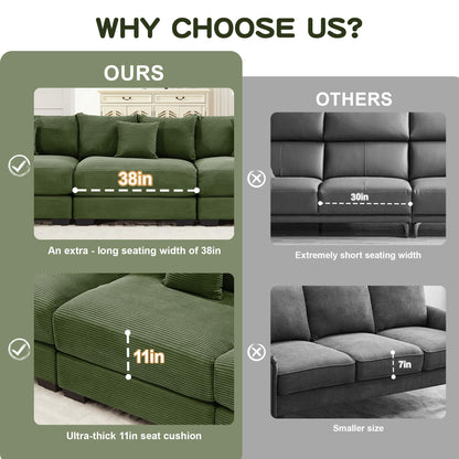 KEIKI 54" Oversized Corduroy Modular Sectional Single Sofa with High-Density Foam Cushions, Extra-Thick Armrests, Upholstered Modern 1-Seater Lounge Accent Chair with 3 Pillow, for Living Room, Green