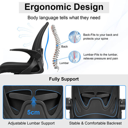 Primy Office Chair Ergonomic Desk Chair with Flip up Armrests Swivel Breathable Desk Mesh Computer Chair with Adjustable Lumbar Support and Height for Conference Room (Black)