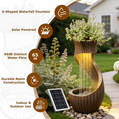 26.77" Tall Solar Water Fountain Outdoor Waterfall Feature, Modern Solar Powered Water Fountain with LED Lights & Planter Bowl for Garden, Patio, Yard, Porch, Deck, Backyard Decor