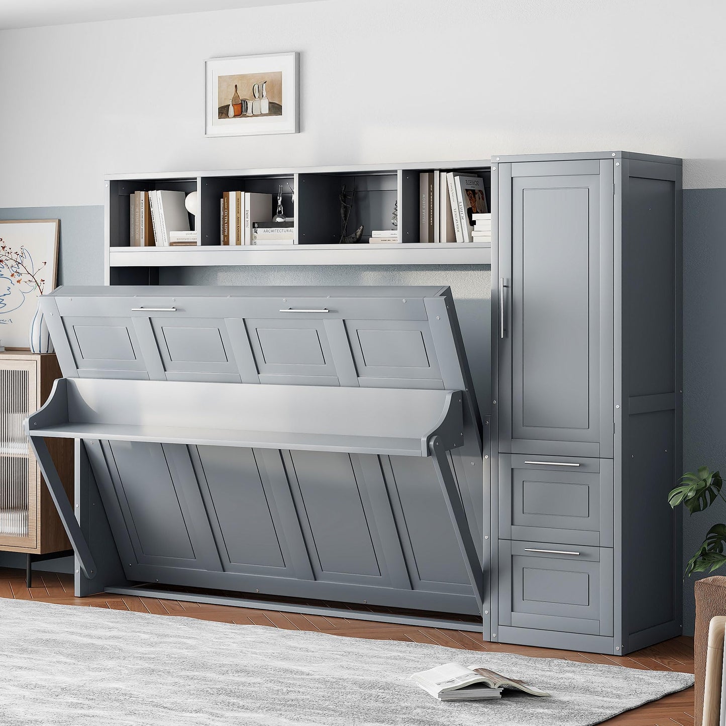 Ball & Cast Queen Size Murphy Bed Wall Chest with Closet and Storage Drawers,Wood Hideaway Platform Bedframe can be Folded,Easy Assembly,for Kids Bedroom,Student Dorms,Gray