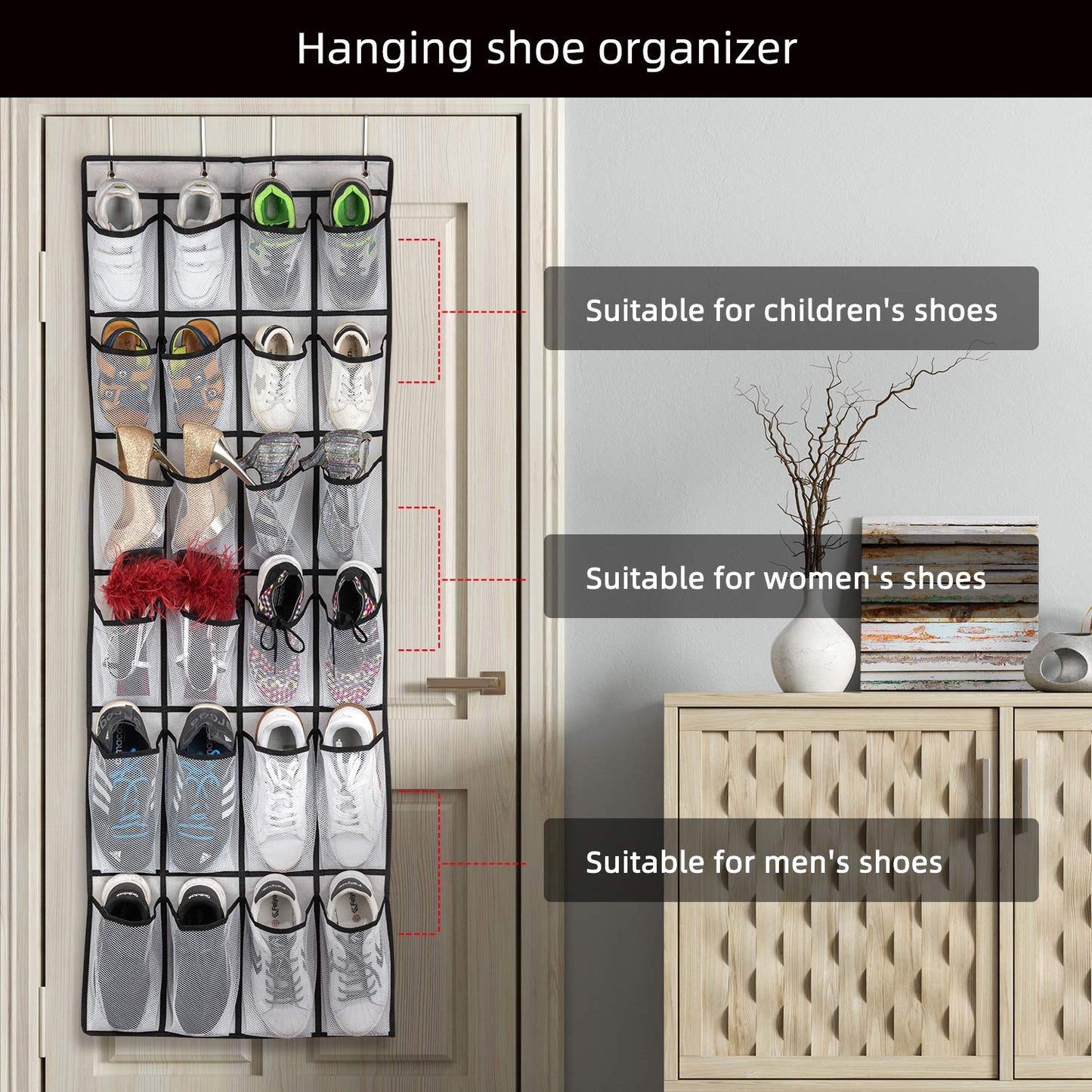 SAVERHO Over The Door Shoe Organizer, Hanging Shoe Organizer with 24 Mesh Large Pockets Door Shoe Rack Organizer for Men Women Kids Hanging Shoe Storage Bag.(White