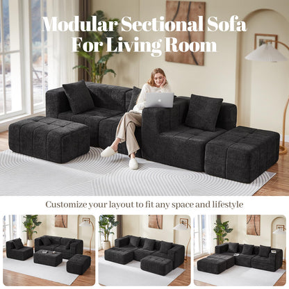 Housiney Modular Sectional Sofa with Deep Seat, 98'' 5 Seater Boneless Cloud Couch with Ottoman, No Assembly Required, Modern Plush Corduroy Cloud Couches for Living Room & Apartment, Black