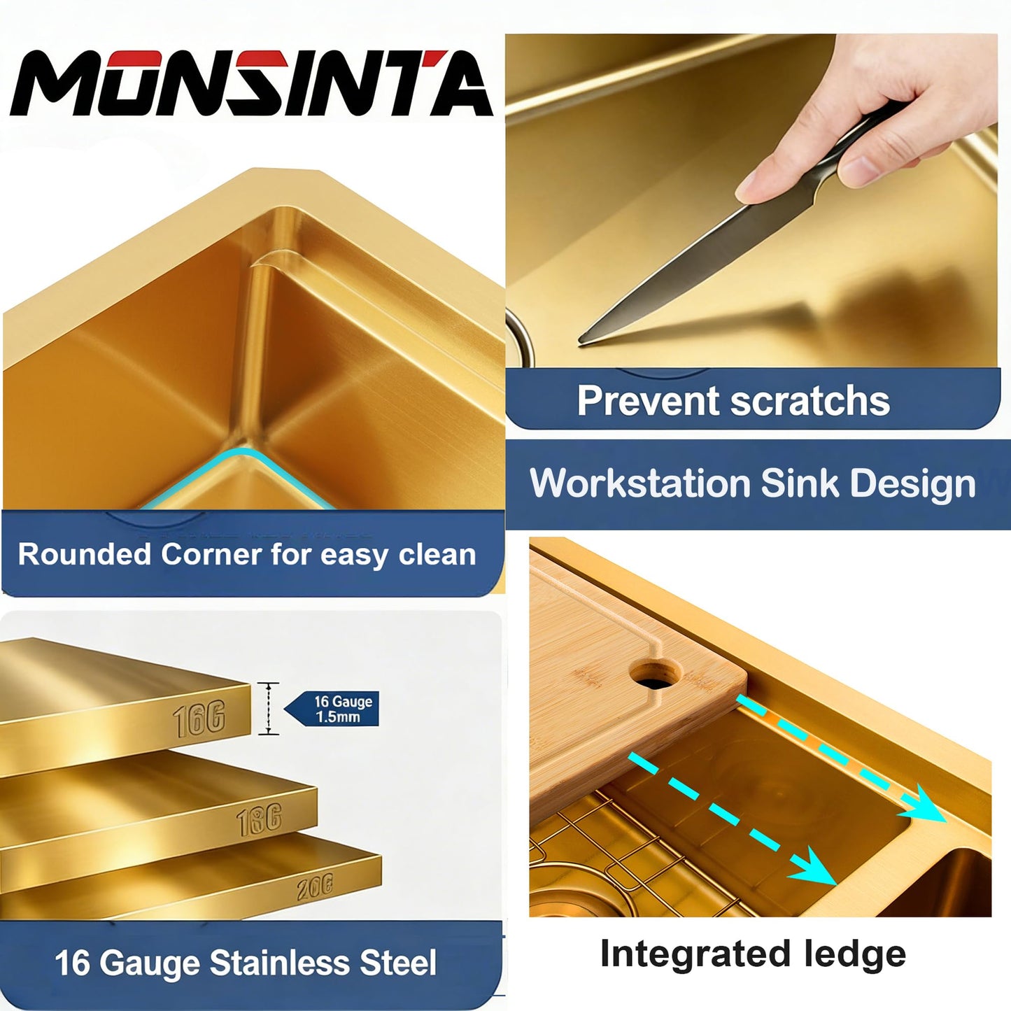 MONSINTA Gold Farmhouse Kitchen Sink, 16 Gauge SUS304 Stainless Steel Farm Sinks, All In One Workstation Sink with Ledge & Accessories, 33" x 20" x 10" Large and Deep Gold Undermount Kitchen Sink