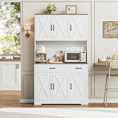 HOSTACK 71" Pantry Cabinet with Charging Station, Tall Kitchen Pantry Storage Cabinet with Microwave Stand, Farmhouse Kitchen Hutch with Storage Drawers for Living Room, Dining Room, White