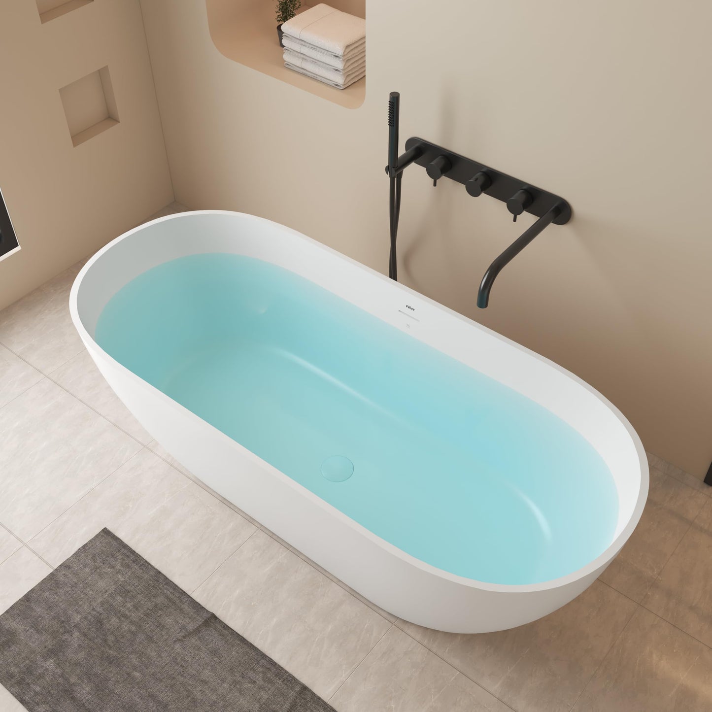 FerdY Fiji 69" Stone Resin Freestanding Bathtub, Classic Oval Shape Soaking Bathtub, Solid Surface Soaking Tub, cUPC Certified, Integrated Slotted Overflow and Matte White Pop-up Drain
