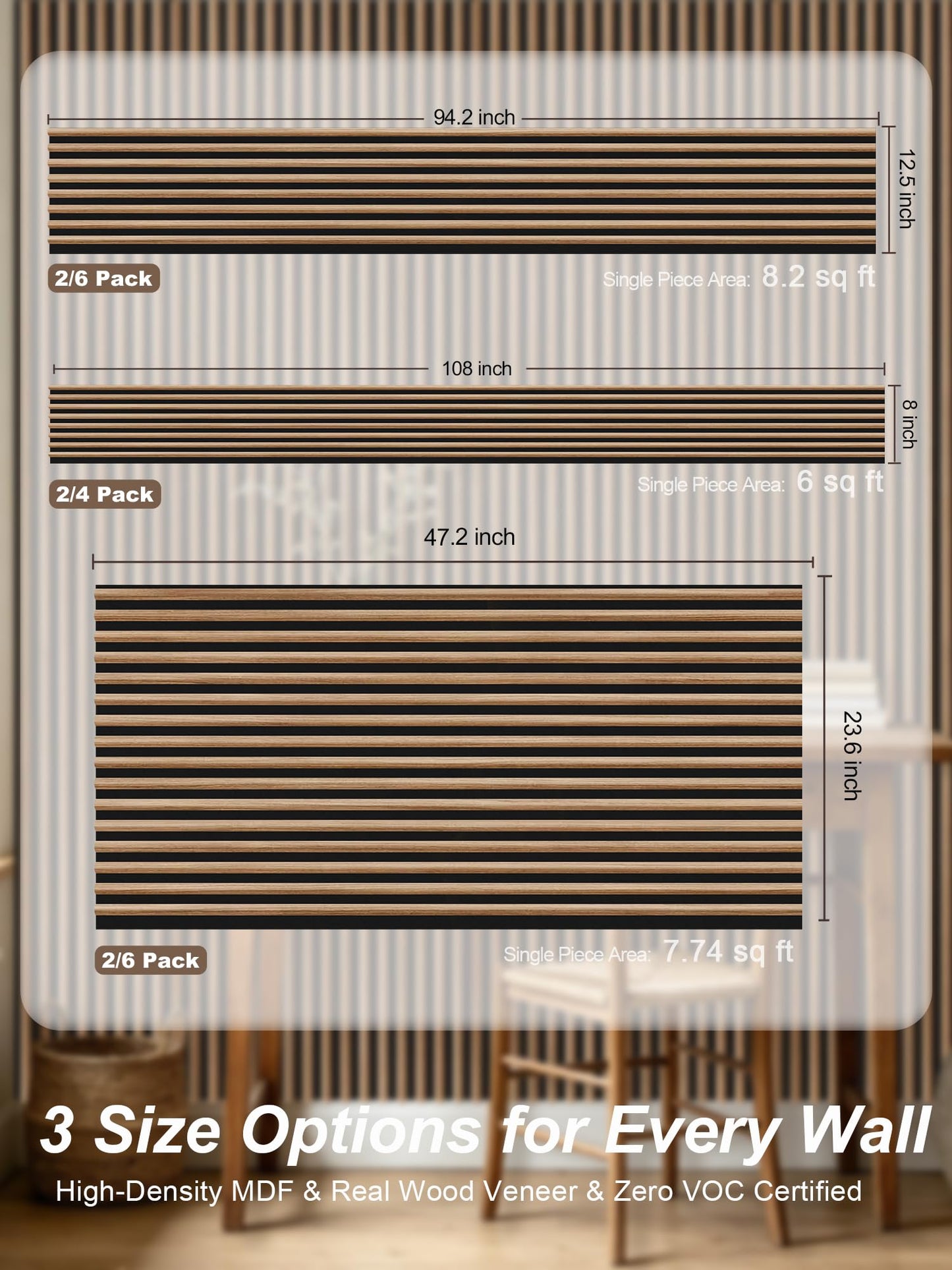 Mollywell Wood Slat Wall Panels, Walnut Acoustic Wall Panel 94.5x12.5 Inch, 8ft Arc Slat Wall Paneling, Flexible 3D Sound Proof Accent Wall Boards NRC 0.95 for TV Backdrop Bedroom, Pack of 6