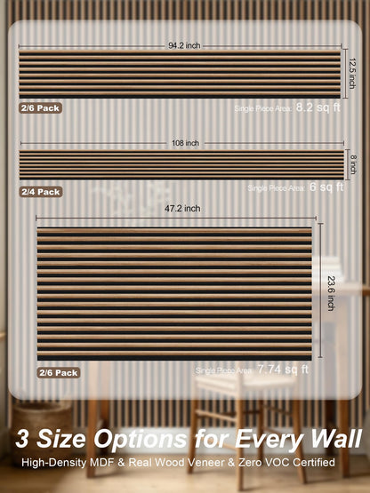 Mollywell Wood Slat Wall Panels, Walnut Acoustic Wall Panel 94.5x12.5 Inch, 8ft Arc Slat Wall Paneling, Flexible 3D Sound Proof Accent Wall Boards NRC 0.95 for TV Backdrop Bedroom, Pack of 6