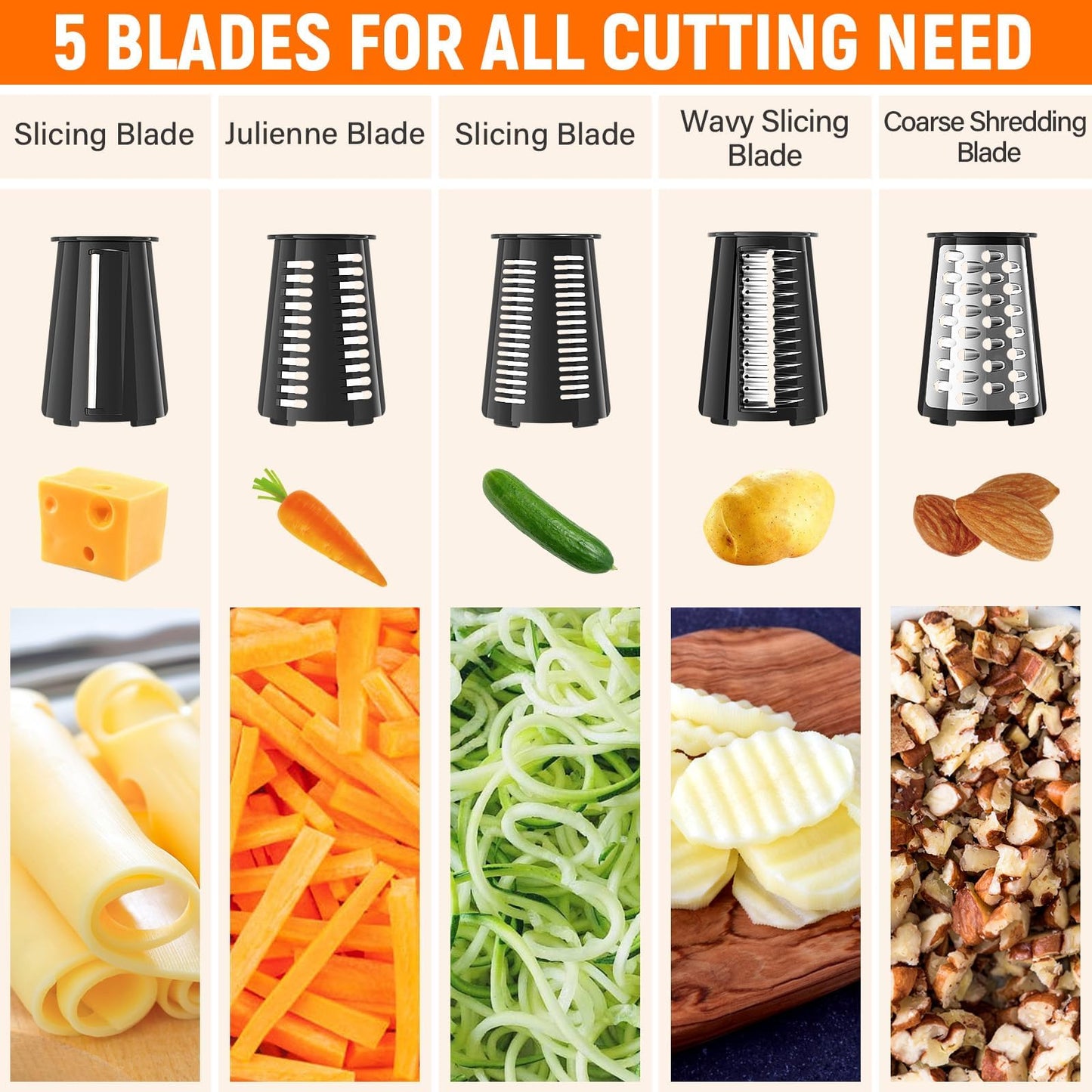 SpaceHacks Rotary Cheese Grater Hand Crank, with 5 Blades for Chopper Shredder Spiralizer Slicer for Vegetable Cheese Fruit, Food Chopper for Kitchen with Blades Storage Box & Suction Base (Black)