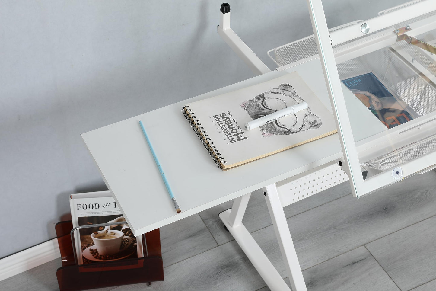 GOWE White Adjustable Tempered Glass Drafting Printing Table with Chair