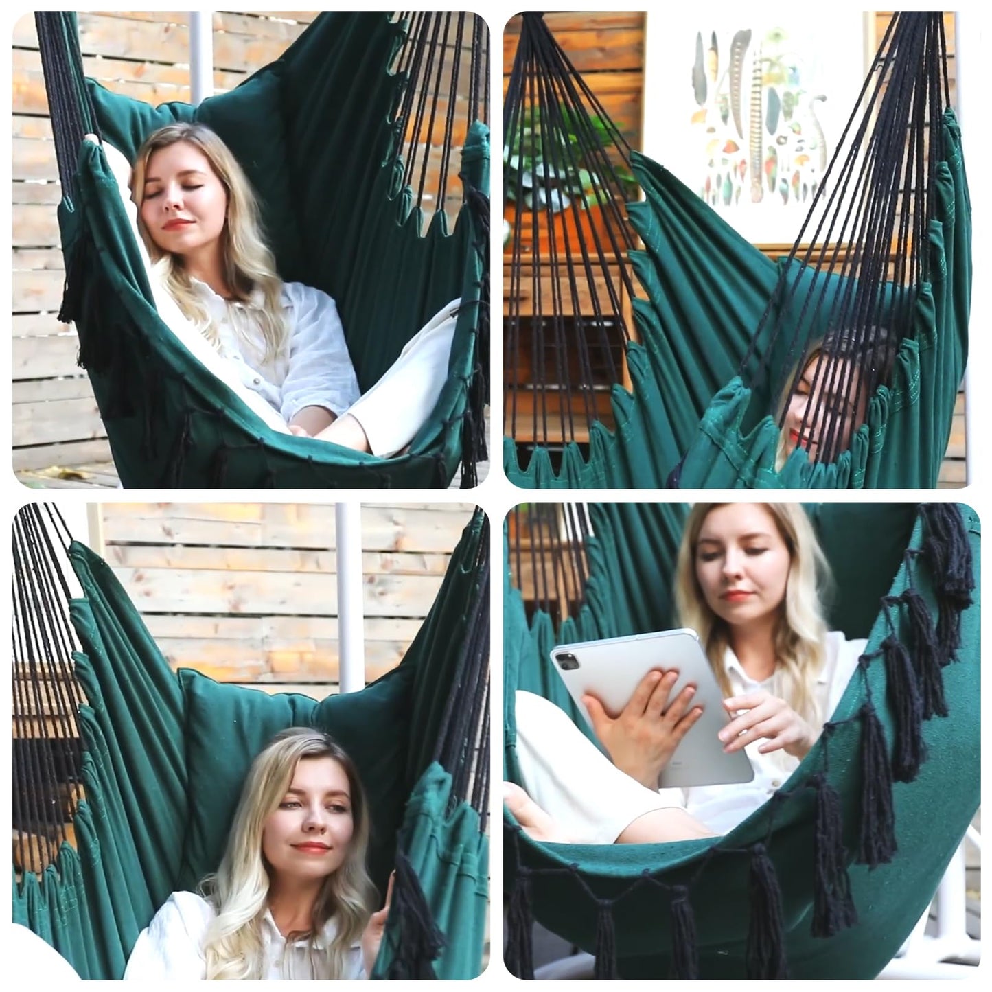 Y- STOP Hammock Chair Hanging Rope Swing, Max 500 Lbs, 2 Cushions Included, Large Macrame Hanging Chair with Pocket for Superior Comfort, with Hardware Kit, Green