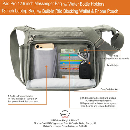 Anti-theft Crossbody Bag, Rfid Messenger Bag with Water Bottle Holders, 13 inch Shoulder Laptop Bag W/Built-in Wallet for Work, Travel, Tool, Commute, Camera, Grey