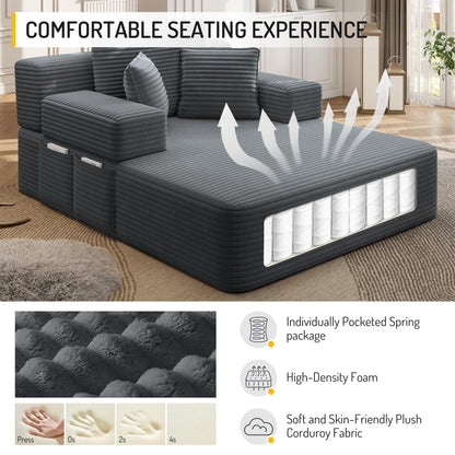 48.5" Boneless Chaise Lounge Chair Sofa Bed Indoor with Zip-Down Convertible Armrests & Backrest, Oversized Cloud Upholstered Compression Sleeper Couch Reading Chairs w/Side Pockets