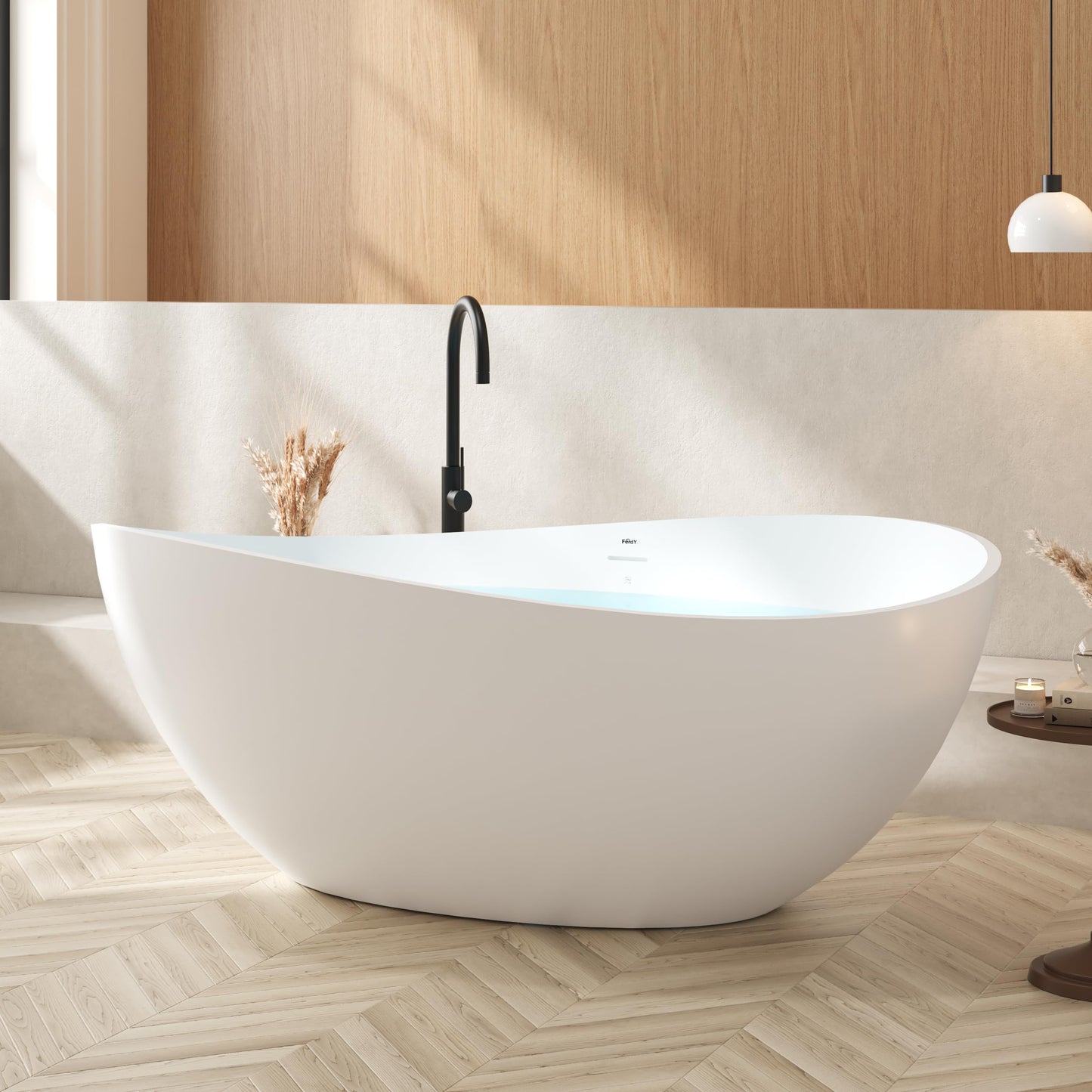 FerdY Lamu 63" Stone Resin Freestanding Bathtub, Gracefully Shaped Freestanding Bathtub, Solid Surface Soaking Tub, Matte White, cUPC Certified, Pop-up Drain and Integrated Slotted Overflow