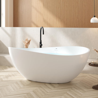 FerdY Lamu 63" Stone Resin Freestanding Bathtub, Gracefully Shaped Freestanding Bathtub, Solid Surface Soaking Tub, Matte White, cUPC Certified, Pop-up Drain and Integrated Slotted Overflow