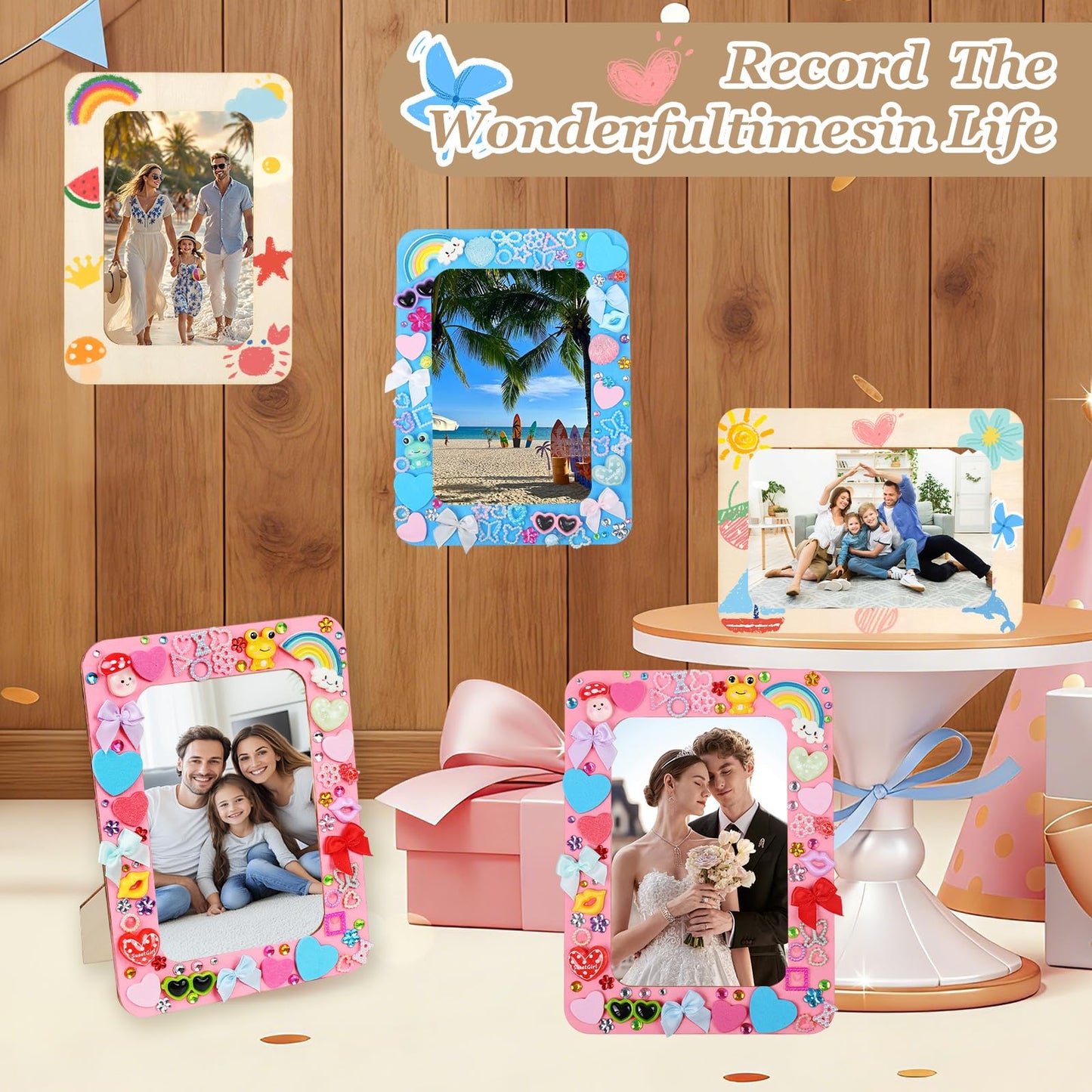 Picture Frame Painting Craft Kit,24 Pack Unfinished Wooden Picture Frames 4 x 6 Inch with Pearl Resin Diamond and Foam Stickers for DIY Paint and Decorate Craft Birthday Wedding Gifts
