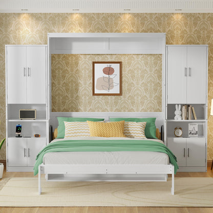 PVWIIK Queen Size Murphy Bed with Storage Drawers & Desk,Wall Bed Frame Folding into Cabinet Design w/Charging Station & Storage Shelf for Small Space,Bedroom,Guest Room,White