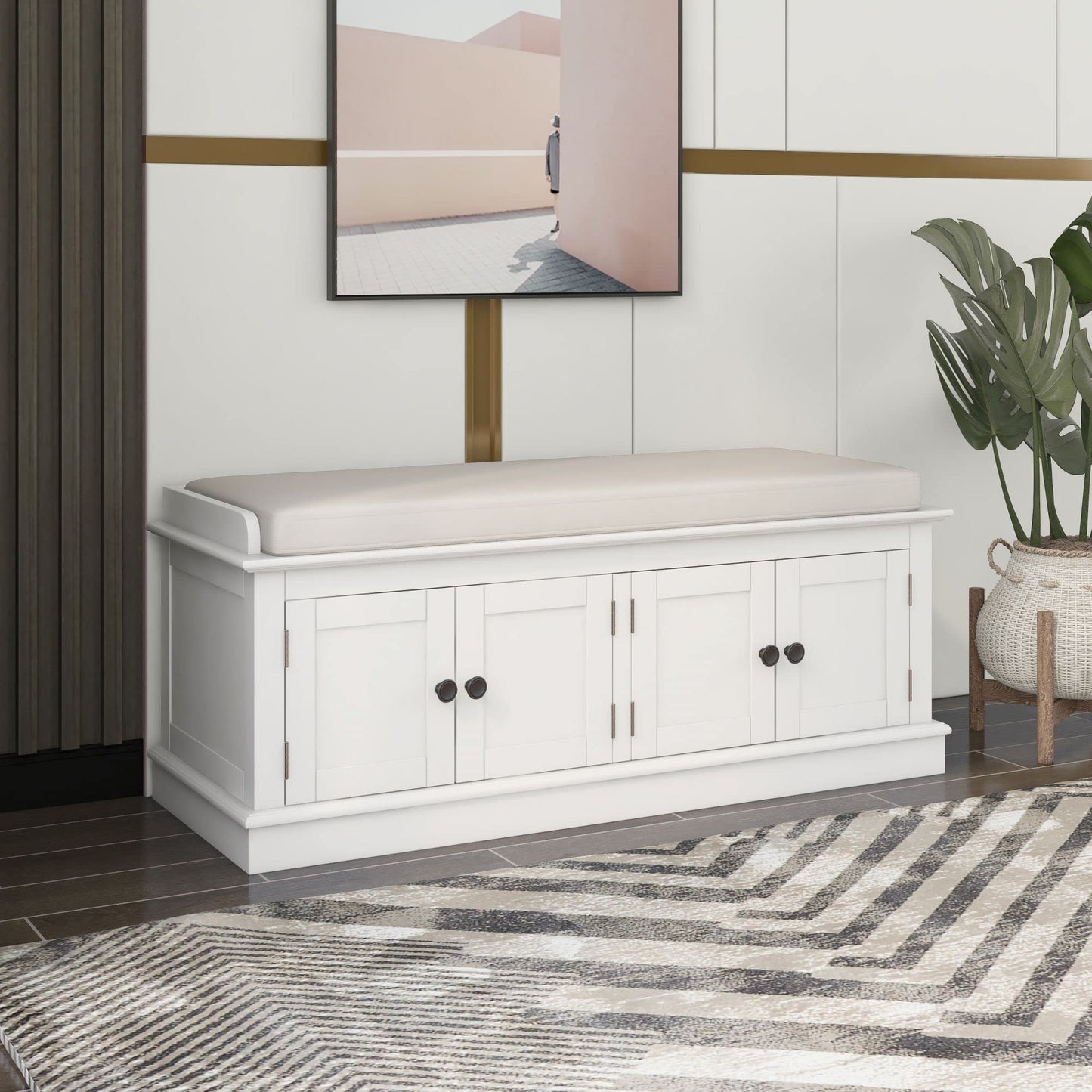 GDFStudio Jasd Storage Bench with 4 Doors and Adjustable Shelves, Removable Cushion Bench Ottoman, Solid Wood Frame Storage Ottoman, Rectangular Cabinet with Seating for Living Room Entryway, White