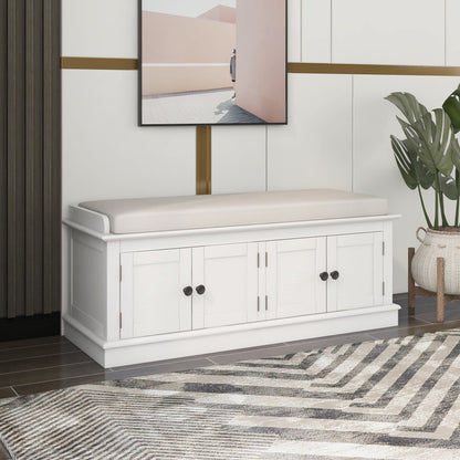 GDFStudio Jasd Storage Bench with 4 Doors and Adjustable Shelves, Removable Cushion Bench Ottoman, Solid Wood Frame Storage Ottoman, Rectangular Cabinet with Seating for Living Room Entryway, White