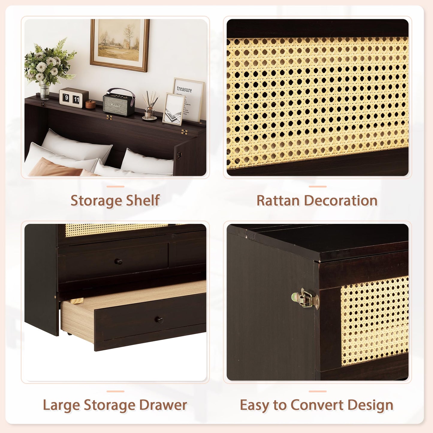 DNYN Queen Size Murphy Bed Frame with Storage Drawer for Bedroom/Guest/Study Room, Space-Saving Foldable Bed with Rattan Decoration, No Box Spring Needed & Easy Assemble
