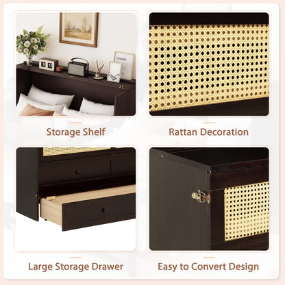 DNYN Queen Size Murphy Bed Frame with Storage Drawer for Bedroom/Guest/Study Room, Space-Saving Foldable Bed with Rattan Decoration, No Box Spring Needed & Easy Assemble