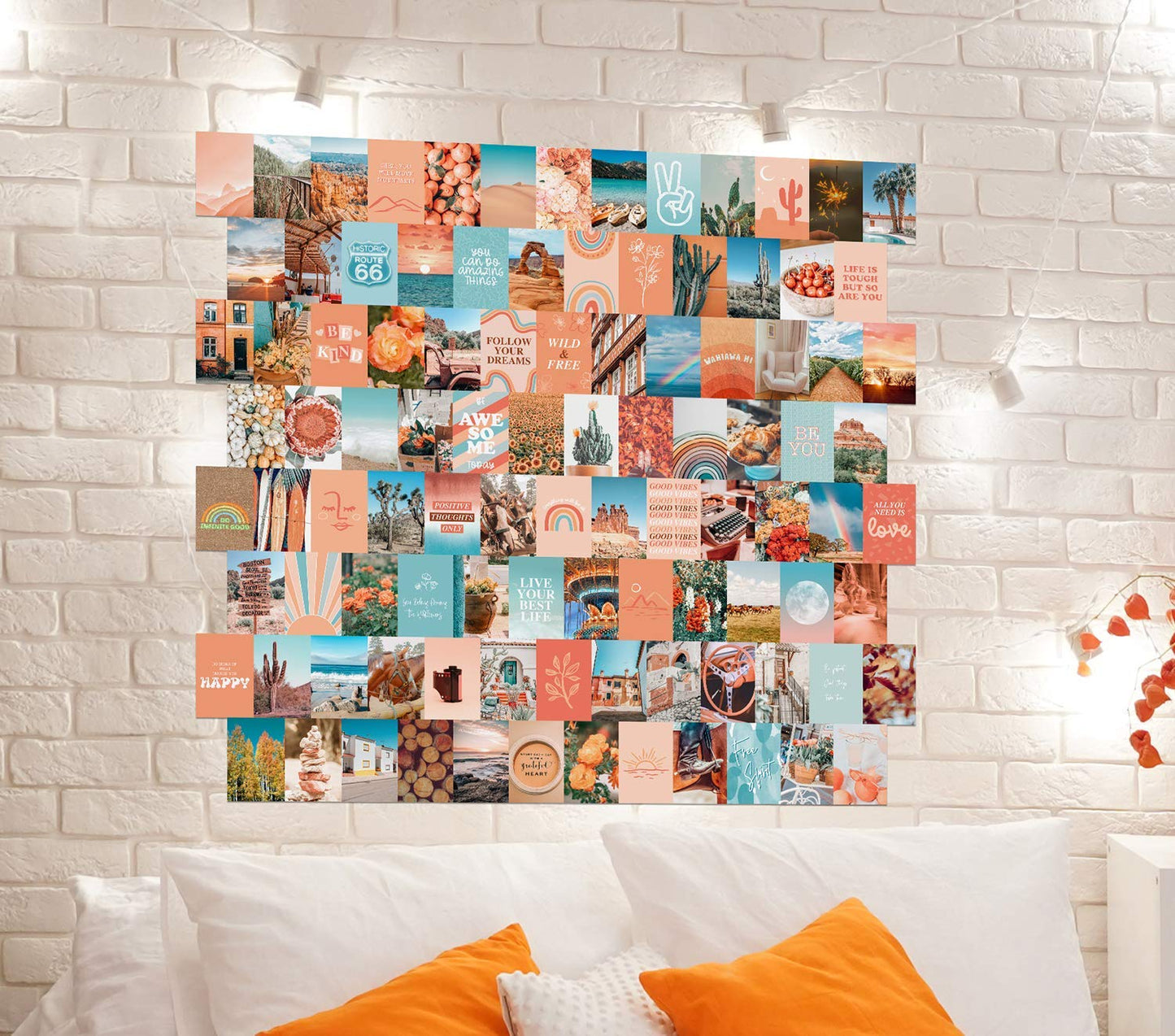Peach Aesthetic Wall Collage Kit, Room Decor for Teen Girls, Peachy Teal Wall Art Print, Dorm Photo Collection, Boho Posters for Room Aesthetic… (Peach 100 Set)
